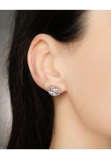 Lekka Design Kadın Kararmaz Çelik Lüks Takı Zirkon Taşlı Yoncalı Yuvarlak Abiye Küpe Altın