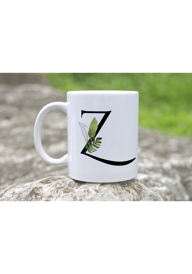 Z Harf Zarif Yaprak Desenli Kupa Bardak - Naturel Sade Alfabe Harfli Bardak - Kişiye Özel Hediye Beyaz