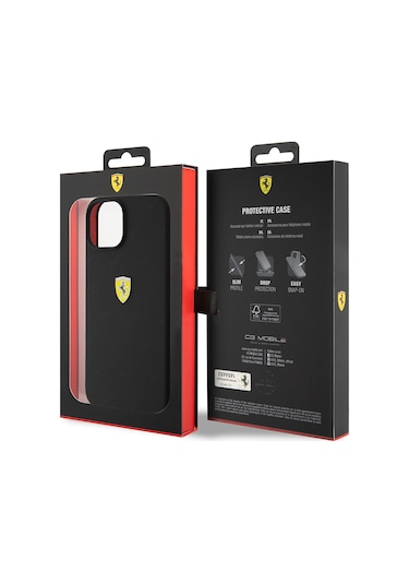 İphone Uyumlu 15 Kılıf Ferrari Lisanslı Metal Logolu Sf Yazılı Kapak Siyah