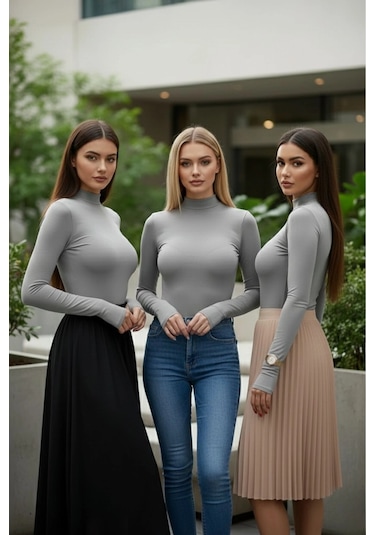 3 Lü Parmak Geçmeli Kadın Body Seti Gri