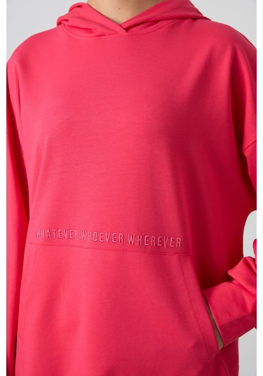 Tommy Life Viva Kırmızı Balon Kol Yazı Nakışlı Kadın Oversize Tunik Sweatshirt - 97163 Kırmızı