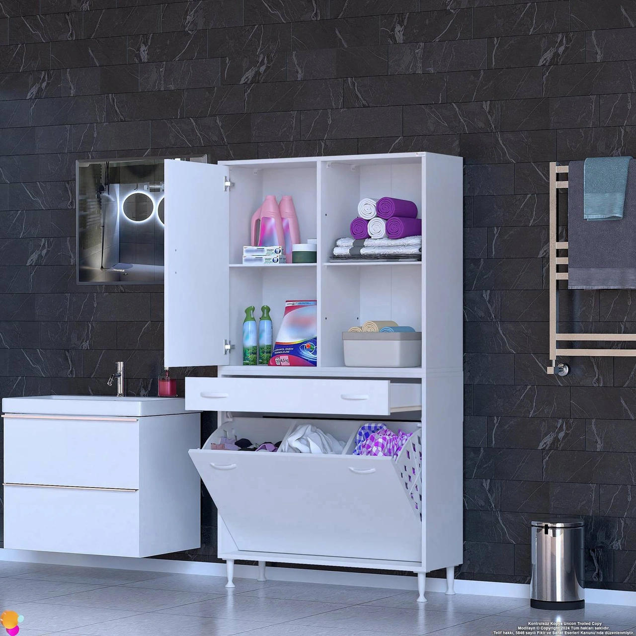 Kayra Tek Çekmece, 3 Göz Sepet, 1 Kapak, 4 Raf Dar Alan Banyo Dolabı 100x173x32,5 Cm Beyaz