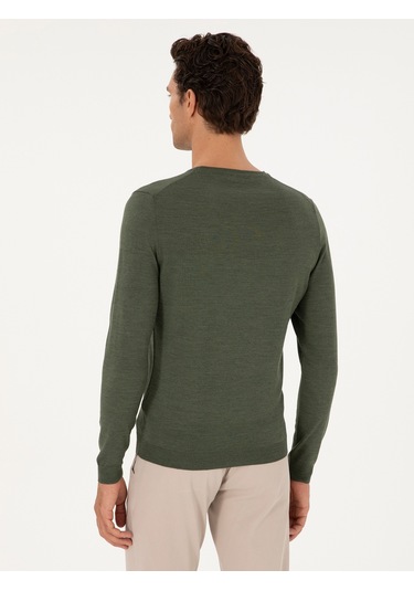Cacharel Haki Slim Fit Yün Karışımlı Bisiklet Yaka Basic Triko Kazak Yesıl