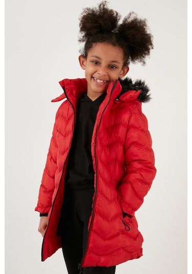 Lela  Peluş Astarlı Yakası Suni Kürklü Çıkarılabilir Kapüşonlu Kışlık Kız Çocuk Mont 5766041 Kırmızı