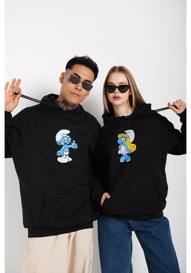 Siyah Unisex Ikili Şirinler Baskılı Oversize Kapşonlu Sweatshirt Hoodie Tw-Tomjerrybaskı Siyah