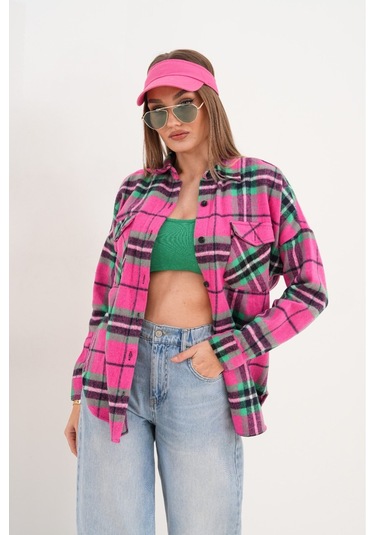 Kadın Desen Bloklu Oduncu Oversize Bol Ve Geniş Kalıp Casual Cepli Yakalı Ceket Gömlek Pembe