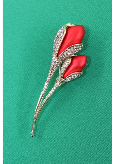 Lale Tomurcuğu Broş. Taşlı Tasarım Lale Broş. Yaka İğnesi Lale Broş. Kadın Broş. Broş. Lale Broş. Altın - Kırmızı