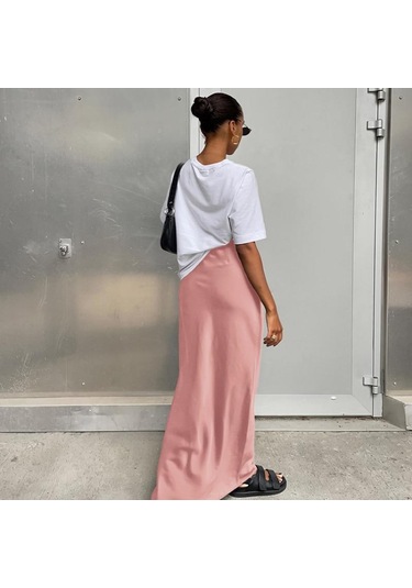 Saten Siyah Trompet Etek Ince Yüksek Bel Etekler Moda Kadın 2023 Yaz Katı Ofis Bayan Uzun Etek Kadın Zarif 27694 Açık Pembe