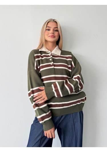 Kadın Polo Yaka Çizgili Triko Kazak Haki