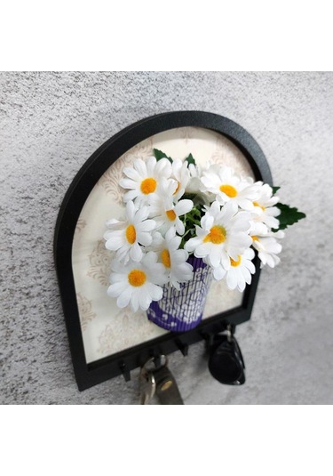 Ahşap Motifli Mor Saksı İçinde Beyaz Yapay Papatyalar Askılık Duvar Dekoru Diğer