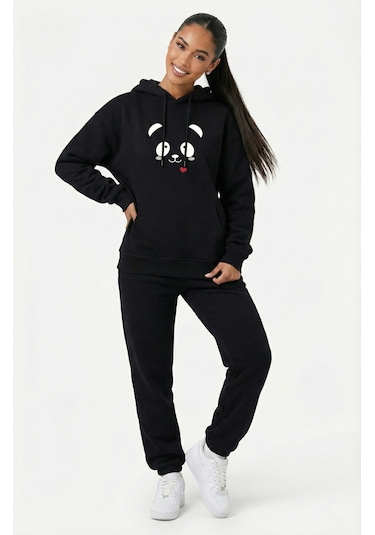 Nevermind Unisex Sevgili Çift Kombini Oversize Panda Baskılı Çift Hoodie Siyah