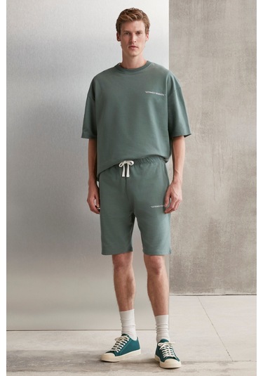 Colombıa Erkek 2'li Set Comfort Fit Rahat Kalıp Yazı Nakışlı Şardonsuz Yeşil Eşofman Takımı