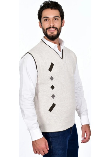 Kamalı Krem Erkek Çelik Örgü Kışlık Kalın Triko V Yaka Triko Örgü Tüylenmez Süveter Taş