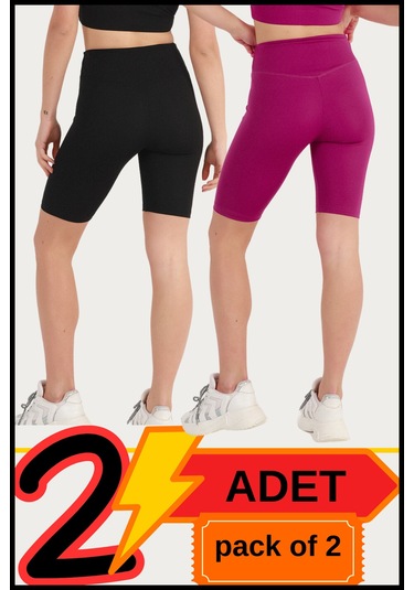 Kadın Yüksek Bel Toparlayıcı Kısa Siyah &mürdüm Şort Tayt 2'li Paket Lycralı Biker Shorts 21077 Siyah - Mürdüm