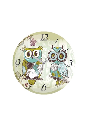 Dalda Baykuşlar Çap 30cm Sessiz Akar Bombeli Gerçek Cam Duvar Saati Siyah