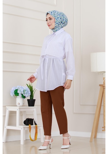 Sevitli Beli Bağcıklı Allerli Taşlı Tunik-beyaz-5222 Beyaz