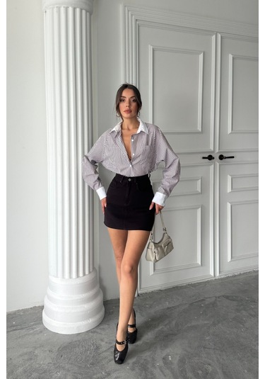 Yaka Ve Manşet Beyazboyfriend Çizgilipoplin Gömlek - Kahverengi Kahverengi