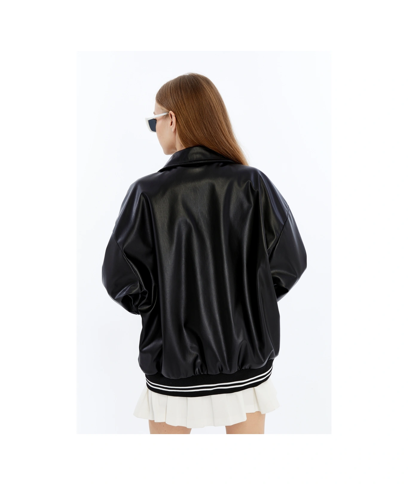 Kadın Oversize Deri Ve Kot Birleşimi Baskılı Kolej Mont Ribanalı Bomber Ceket Motorcu Yarışçı Mont Siyah