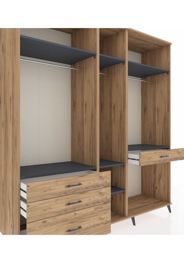 Kronos Dolap 7 Raflı 4 Çekmeceli 3 Askılı 220x59x243 Çam-antrasit/çam Antrasıt/atlas Çam