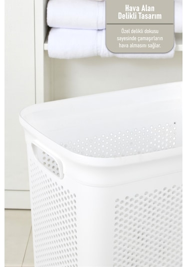 İronika Slim Kapaklı Dekoratif Kirli Çamaşır Sepeti 45 Litre - Beyaz Beyaz