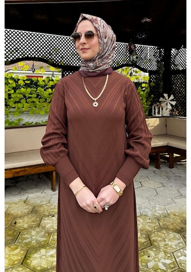 Yağmur Triko Elbise Kahve Normal