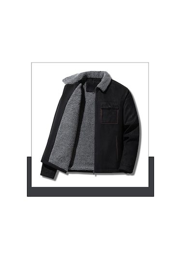 Polar Astarlı Ve Kalınlaştırılmış Kuzu Postu Erkek Ceketi Siyah