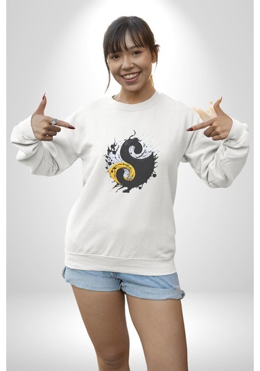 Yin İle Yang Kuramı Unisex Beyaz Baskılı Sweatshirt Beyaz