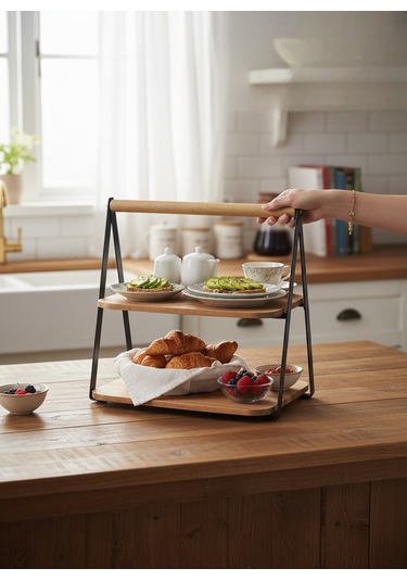 Akayev Akasya 2 Katlı Sunum Tabağı Organizer 28x20x27 Cm Kahverengi