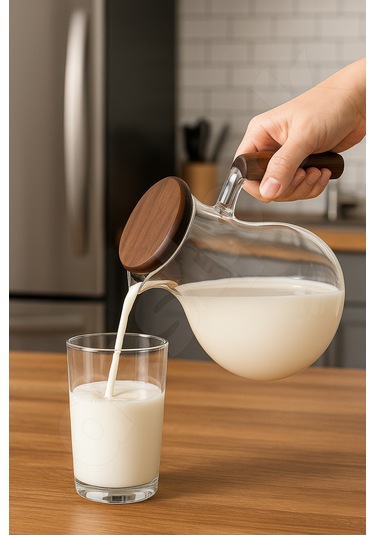 Süzgeçli Yuvarlak Cam Sürahi - Akasaya Kapaklı Ve Saplı - Detoks Sürahisi - Contalı Kapak