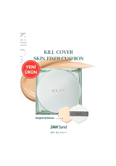 Kalıcı, Mat Cushion Fondöten Clıo Kill Cover Skin Fixer Cushion + Refill 24w Sand Spf50+ Pa+++ 24