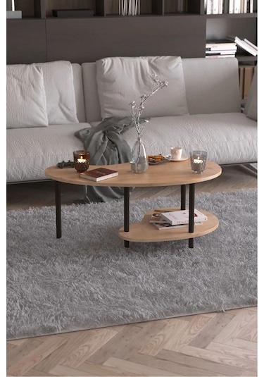 Yüksek Kalite Orta Sehpa 2 Raflı Ahşap Ayaklı Fasulye Gazetelikli Dekoratif Lüks Sehpa Safir Meşe