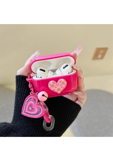 Apple Airpods 3. Nesil İle Uyumlu Kılıf Kalp Leopar Taş Kiraz Desenli Fiyok Tutmalı Kılıflar Pembe Koyu