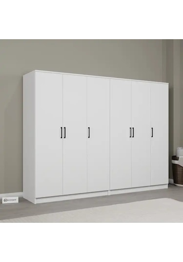 Kardelen Serisi Mat Beyaz 6 Kapaklı 10 Raflı 240 Cm Elbise Dolabı - Gardırop Seti Beyaz