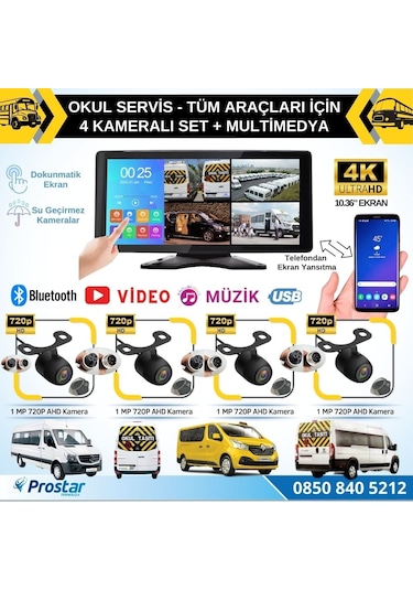 Okul Servisleri İçin 10.36" Dokunmatik Ekranlı 4 Kameralı Kayıtl