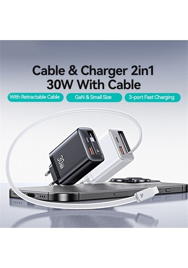 Tongxida Usams Cc296 30w Hızlı Şarj Cihazı Ab Tak Telefon Adaptörü, Tip-c Geri Çekilebilir Kablo Siyah Siyah