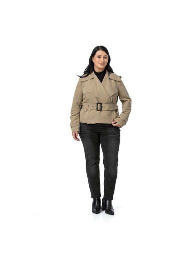 Büyük Beden Mono Yaka Kemerli Astarlı Kısa Çağla Yeşili Trençkot Çağla Yeşili