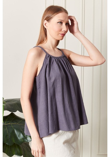 Şık Farklı Tarz Keten Işıl Bluz - Zarif Ve Modern Tasarım Antrasit