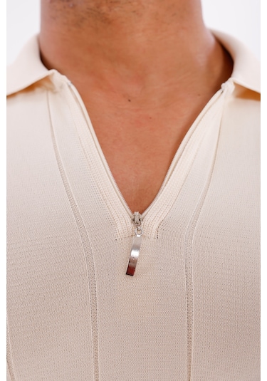 Monox Erkek Yarım Fermuarlı Polo Yaka Triko Kazak Bej