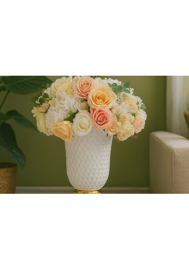 Altın Kaideli Beyaz Dokulu Vazo Şeftali/krem Gül & Ortanca Yapay Aranjman