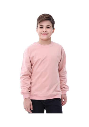 Basic Bisiklet Yaka Şardonlu Çocuk Sweatshirt 3-10 Yaş Pudra Pudra