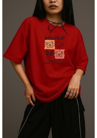 Ayıcık Baskılı Unisex Oversize Tişört Kirmizi