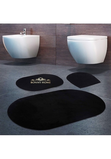 Bonny Home Rixos Siyah 3lü Banyo Halısı Paspası Seti Kaymaz Taban Siyah