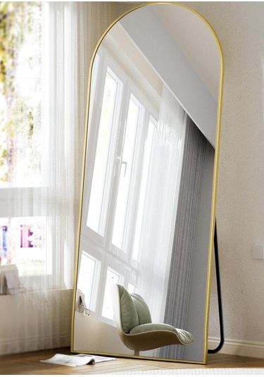 Zer 180x66 Kemerli Zemin Aynası,tam Boy Aynalı Duvar Aynası, Yatak Odası, Giyinme Odası İçin Standlı Gold