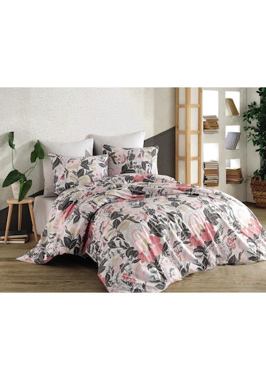 Yonca Tek Kişilik Nevresim Seti %100 Pamuk Gri & Pembe 3 Parça 160x220 Çarşafsız