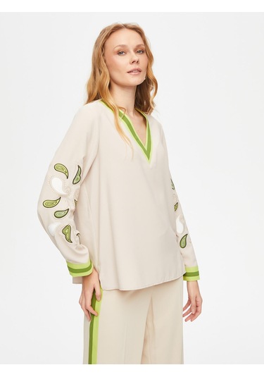 Şal Desenli Nakış Detaylı V Yaka Uzun Kollu Bluz 69142 U6914272 Taş