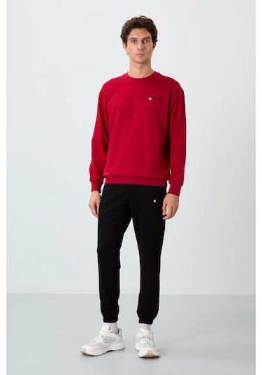 Tommy Life Kırmızı - Siyah Casual O Yaka Lastik Paça Pamuklu Erkek Oversize Eşofman Takımı - 85120 Kırmızı - Siyah