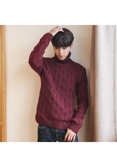 Balıkçı Yaka Bükülmüş Erkek Kazak Kırmızı