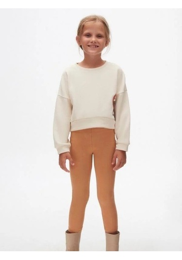 Kız Çocuk Pamuklu Oversize Kolej Sweat-15461 KREM