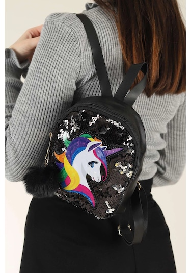 Daj Company Işıklı Pullu Unicorn Figürlü Renkli Kız Çocuk Sırt Çantası Siyah