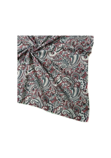 Ebruli Pamuklu Etnik Desenli Soft Eşarp 90x90 Cm Kırmızı